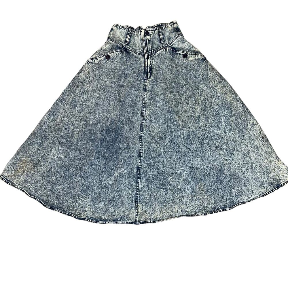 Vintage 80s drop waist acid wash denim jean midi skirt